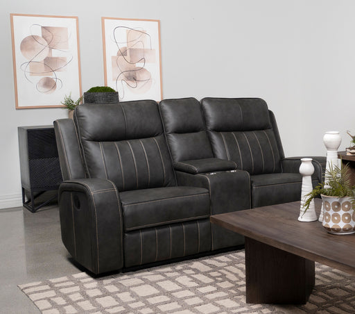 Raelynn Upholstered Track Arm Motion Loveseat Grey - Westco Warehouse Furniture (Los Angelos, CA)