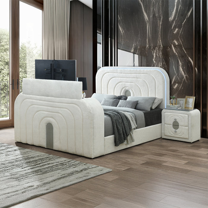 Shelyn Queen Bed w/LED, TV Cabinet, Fireplace & Bluetooth