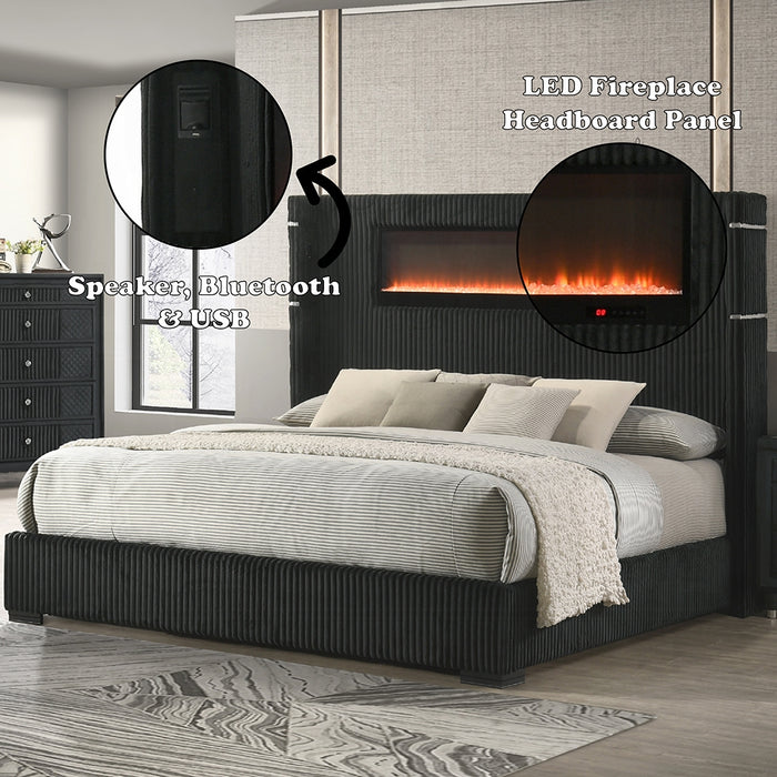 Garner EK Bed w/Fireplace, LED, Reading Light, Speaker, Bluetooth & USB