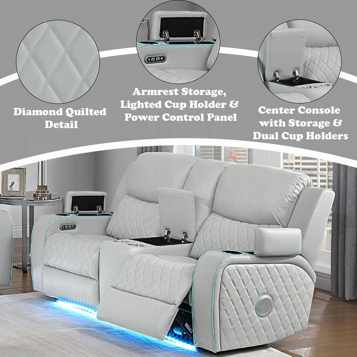 Elonzo Power Motion Loveseat w/Console, LED, Power Headrest & Speaker